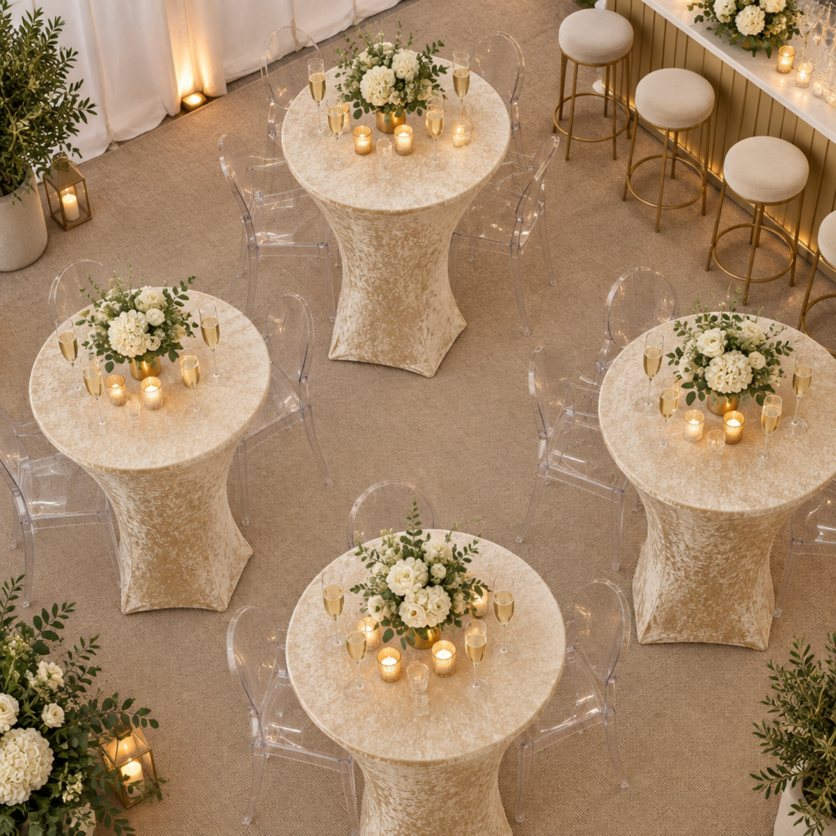 Champagne Velvet Cocktail Table Cover - Tent Overhead