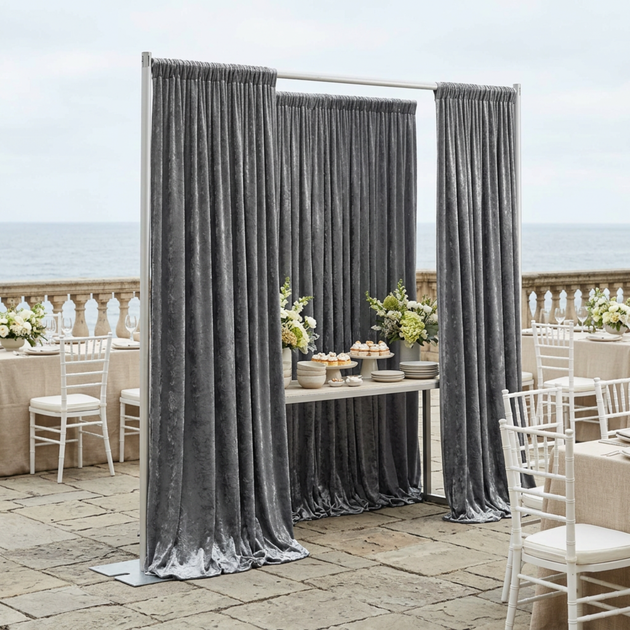 Charcoal velvet backdrop at a coastal patio reception