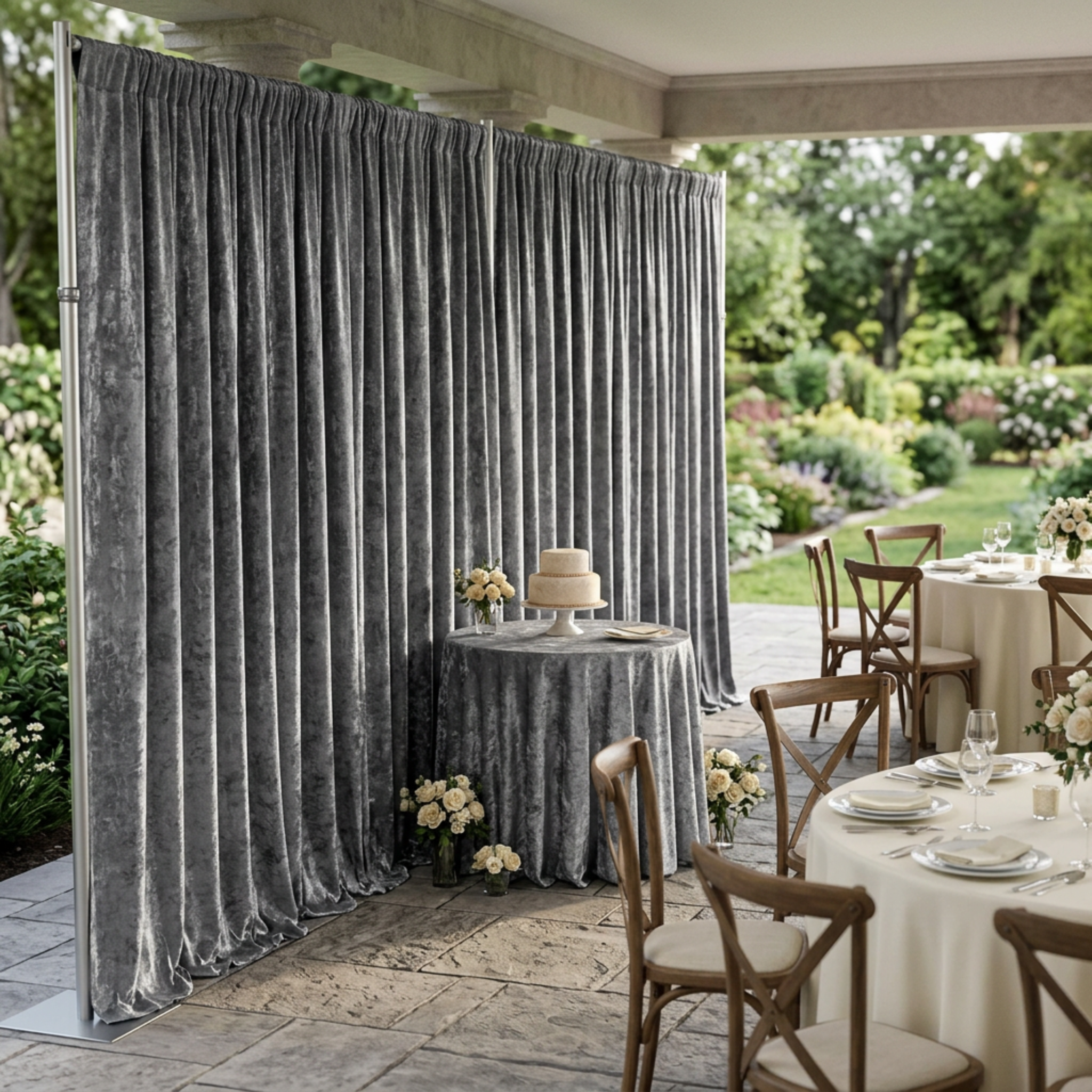Charcoal velvet backdrop at a garden reception