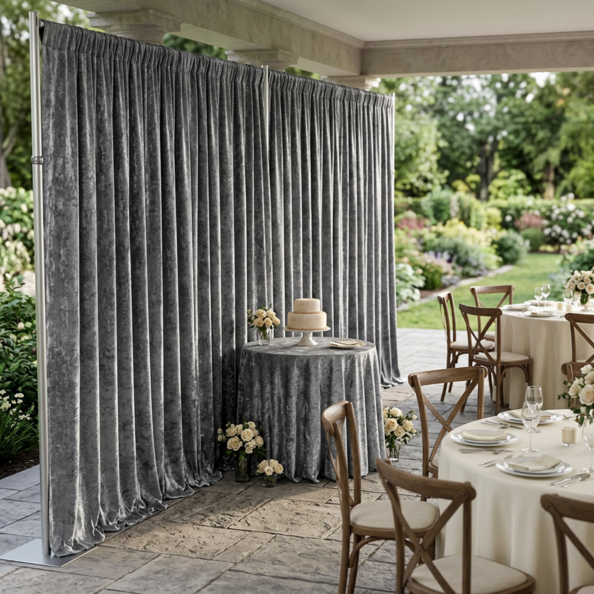 Charcoal velvet backdrop at a garden reception