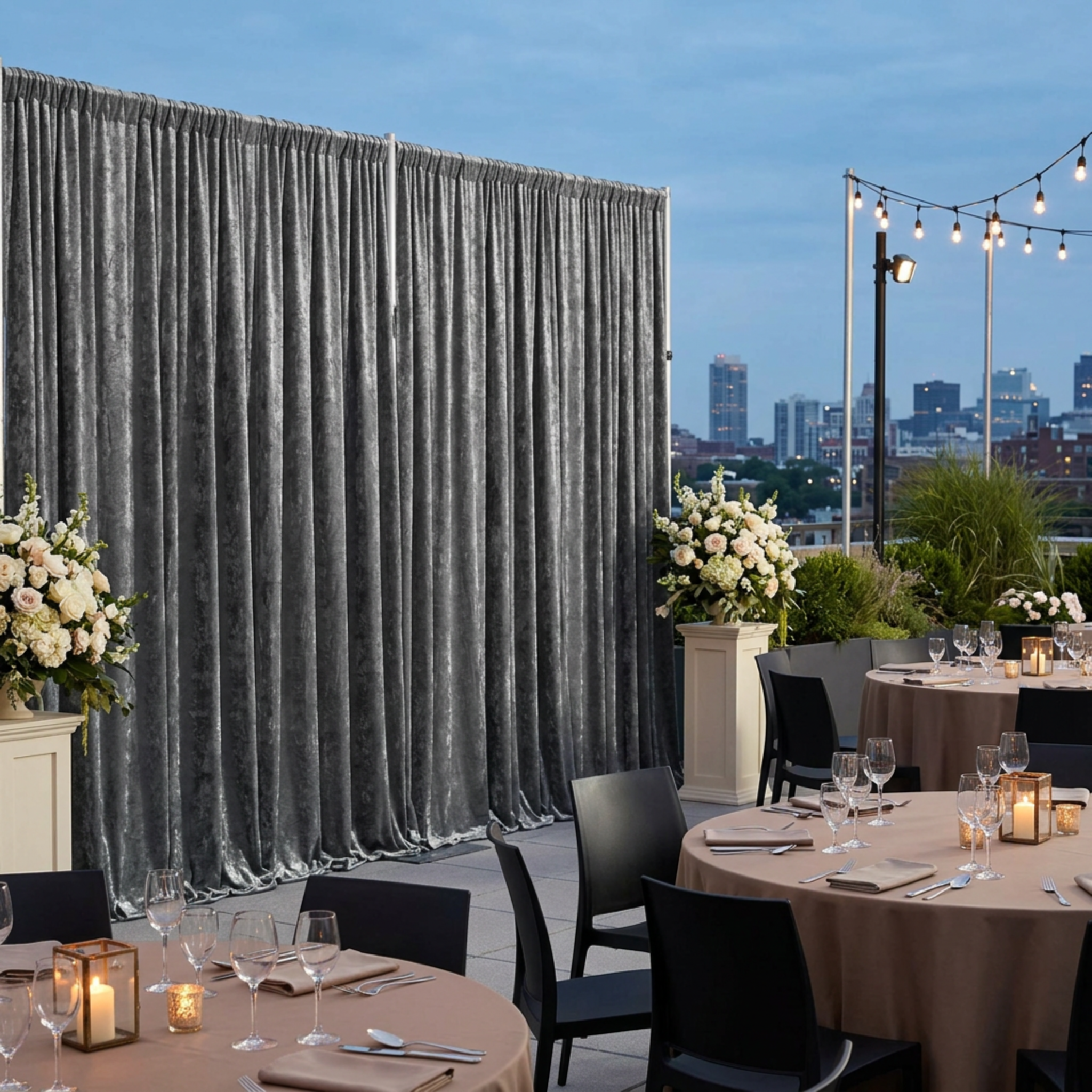 Charcoal velvet backdrop at an outdoor rooftop gala