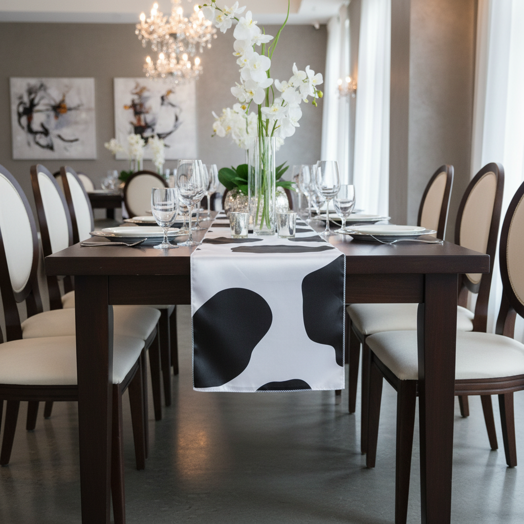 Cow Animal Print Satin Table Runner Indoor with Tables and Oval Chairs.