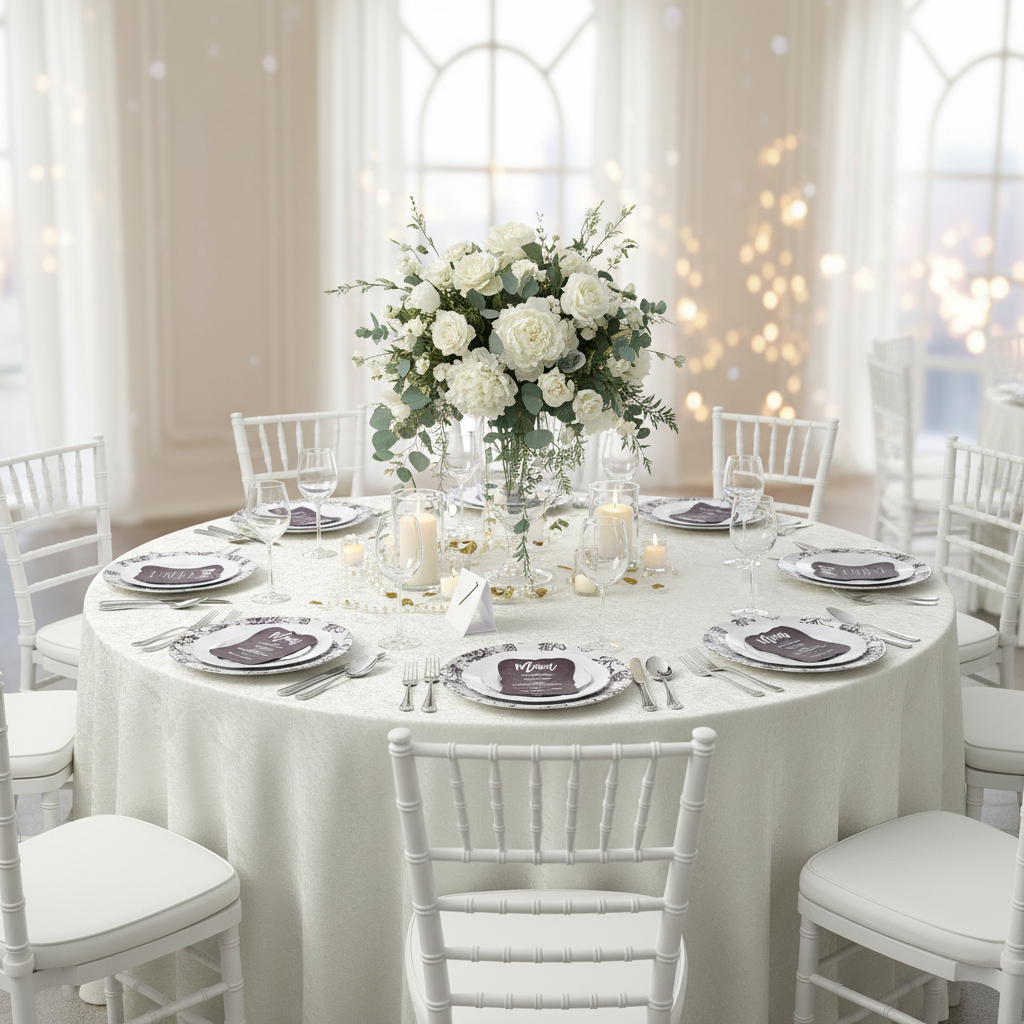 Crinkle Shimmer 132" Round Tablecloth - Light Ivory/Off White.
