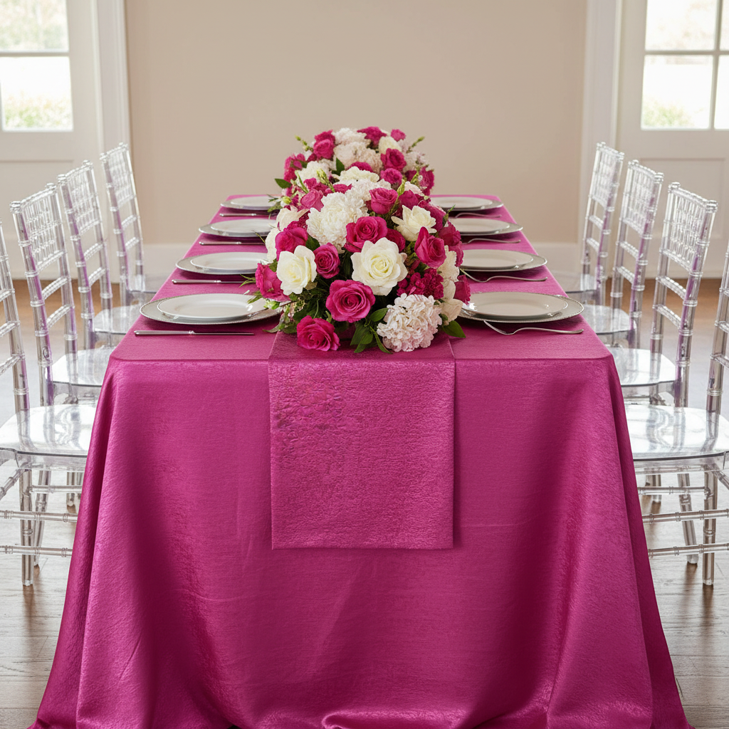 Crinkle Shimmer 90"x156" Rectangular Tablecloth - Fuchsia.