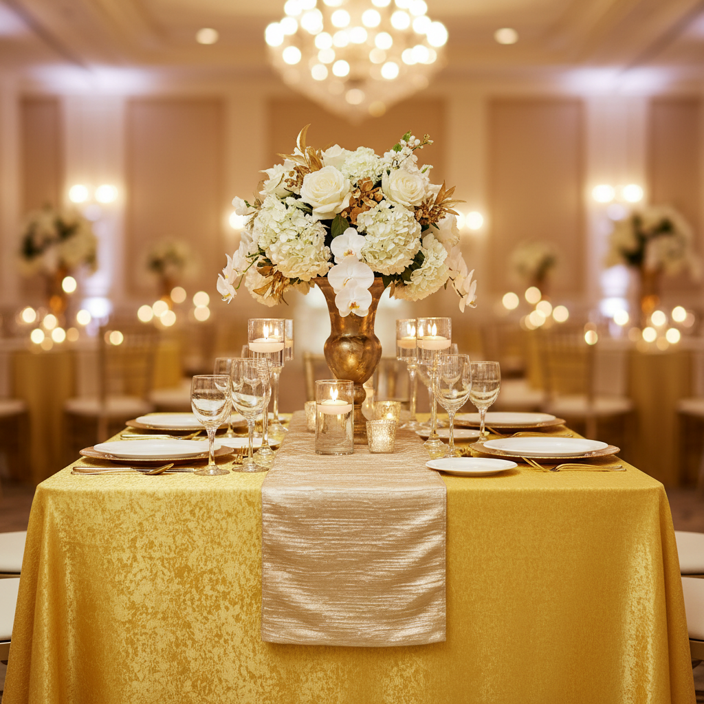Crinkle Shimmer Rectangular Tablecloth Gold Mockup