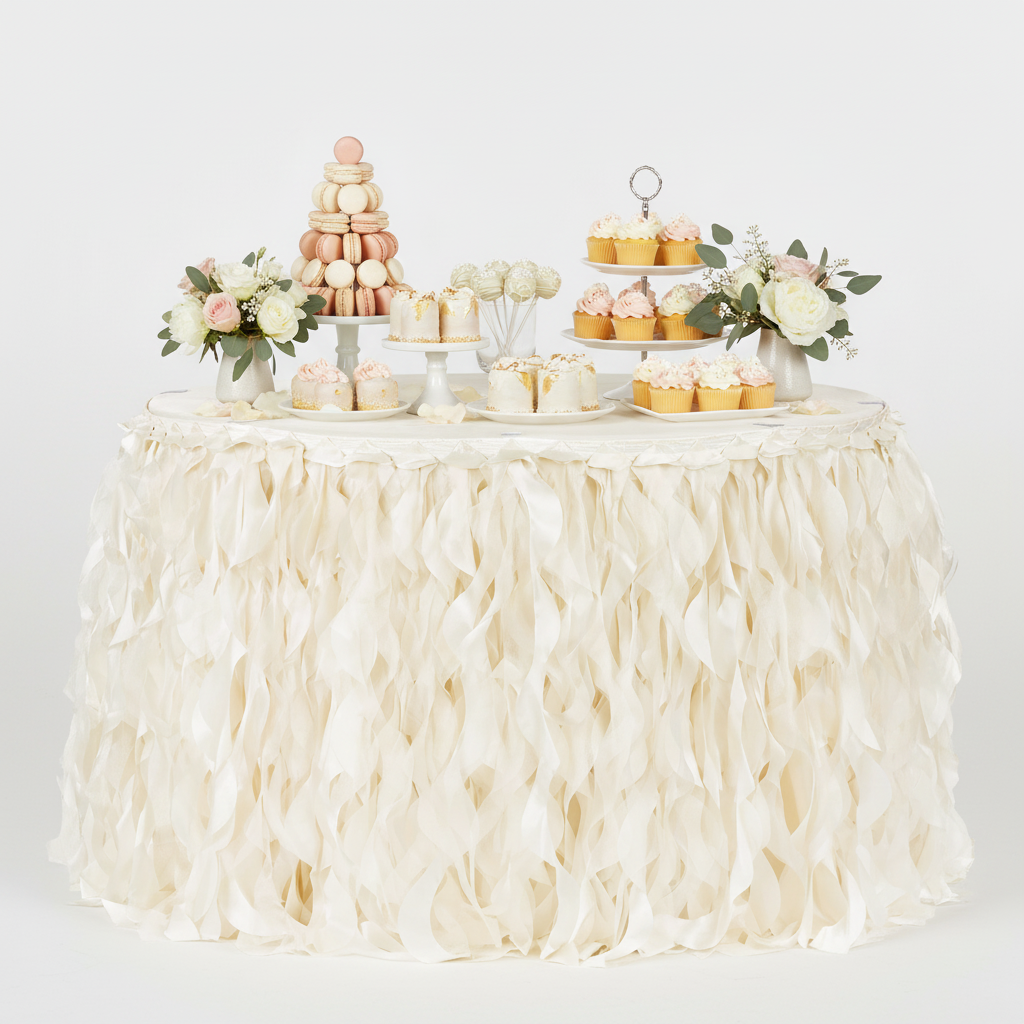 Curly Willow 14ft Table Skirt Ivory with Dessert Table