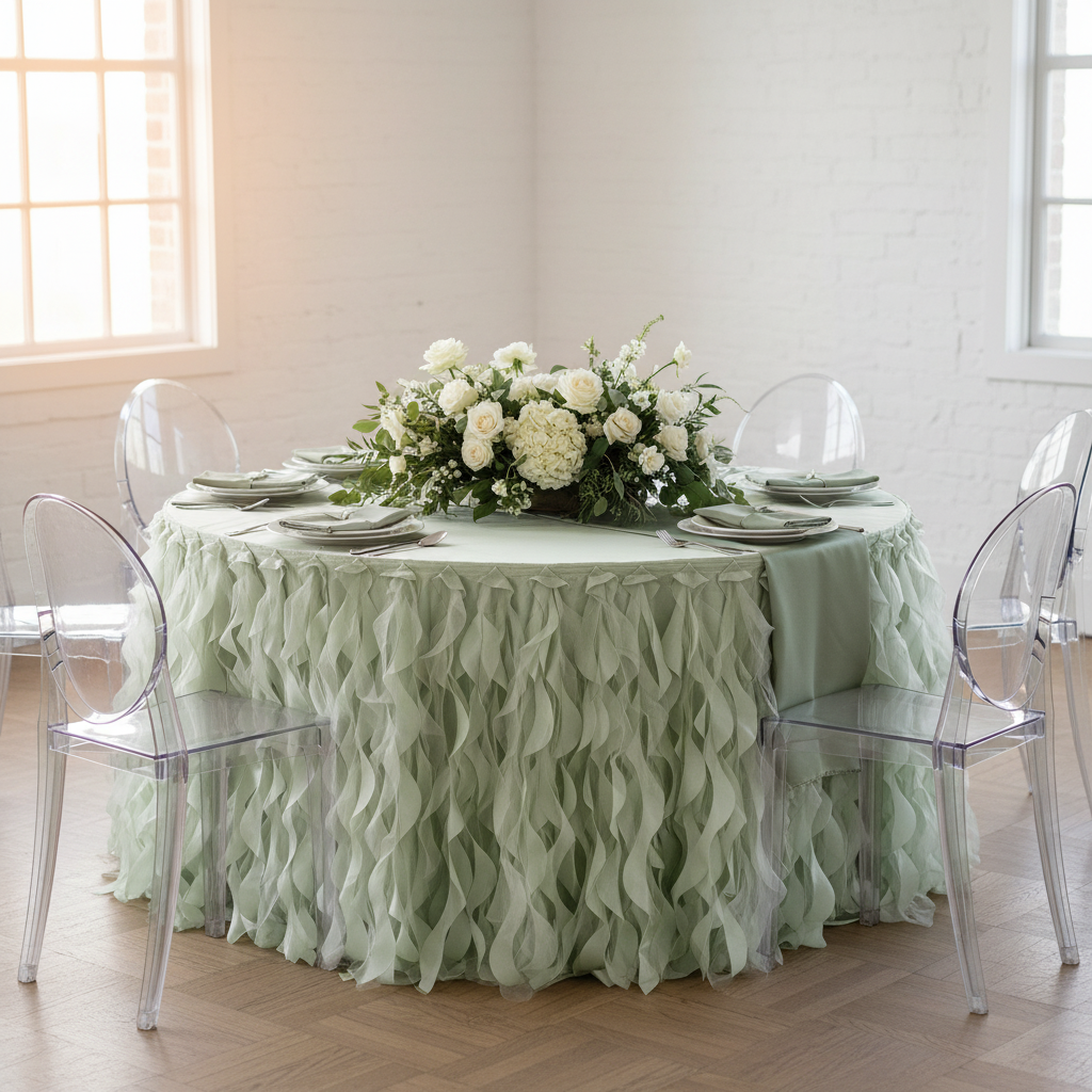 Curly Willow 14ft Table Skirt - Sage Green.