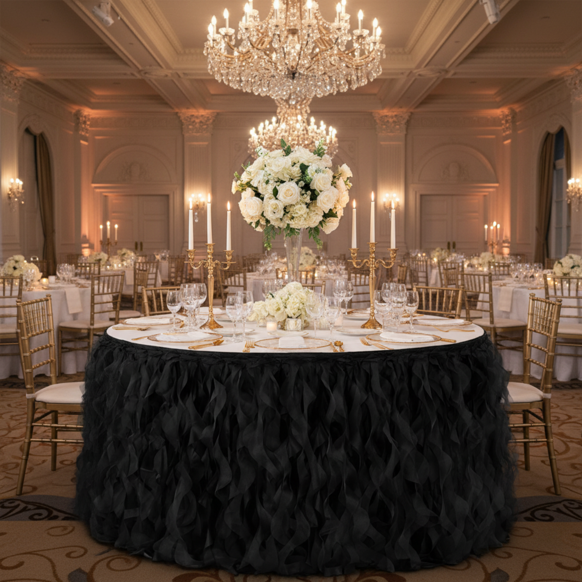 Curly Willow Black Table Skirt - Indoor Ballroom