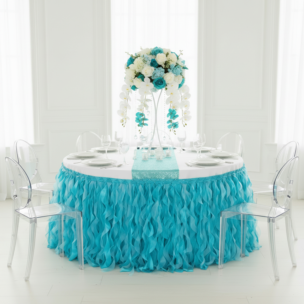 Curly Willow 17ft Table Skirt - Aqua Blue.