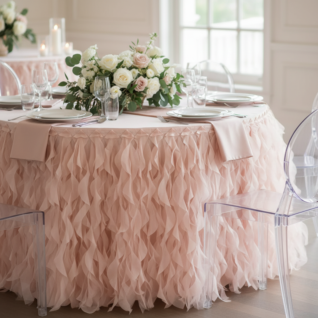 Curly Willow 17ft Table Skirt - Blush/Rose Gold.