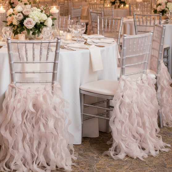 Curly Willow Chiavari Chair Back Slip Cover - Blush/Rose Gold Wedding Setting Mockup