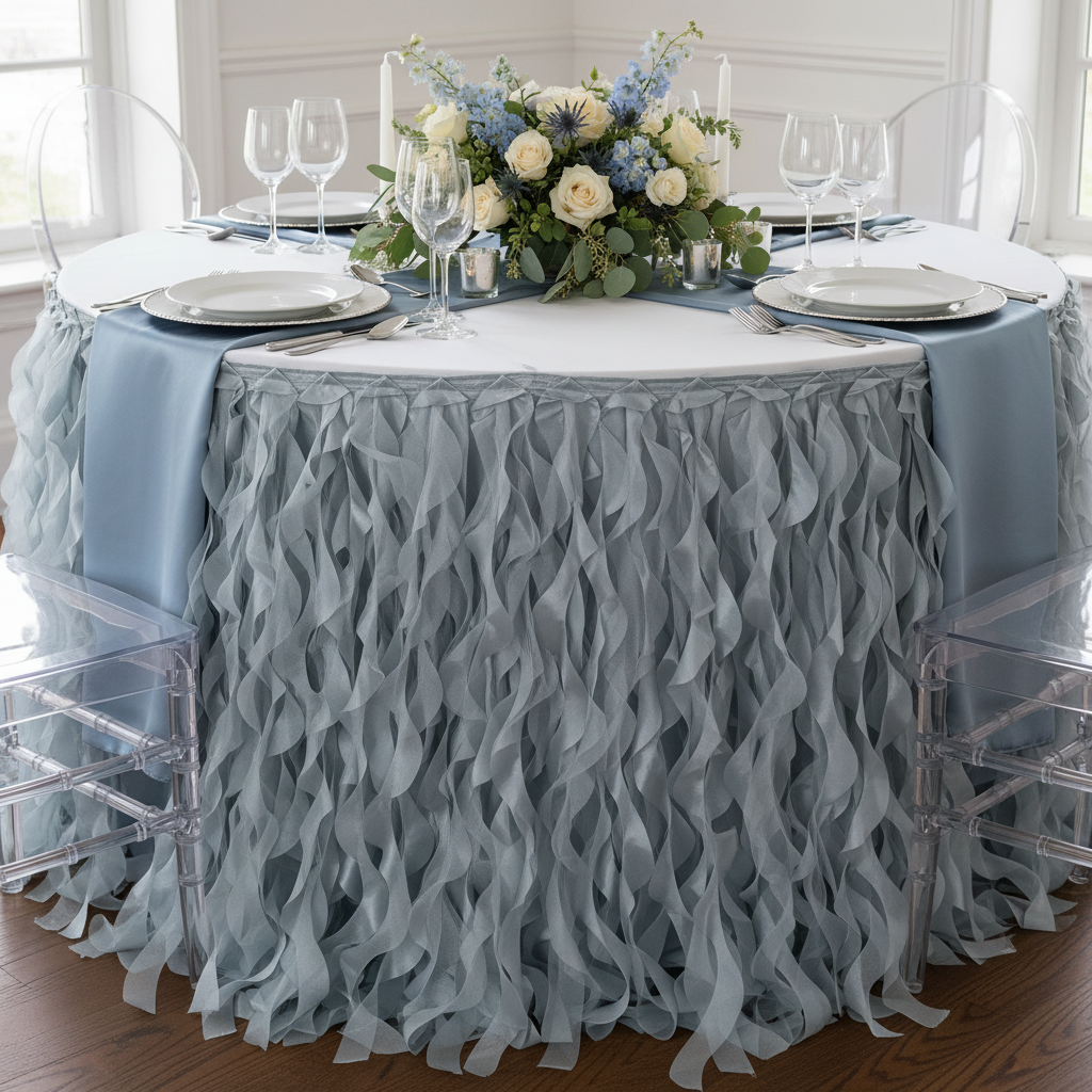 Curly Willow 14ft Table Skirt - Dusty Blue.