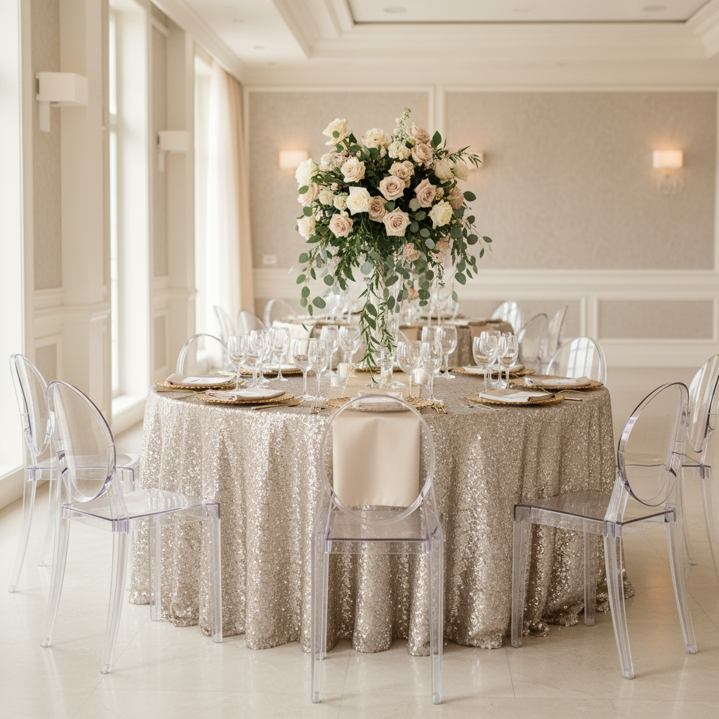 Diamond Glitz Sequins 120" Round Tablecloth - Champagne.