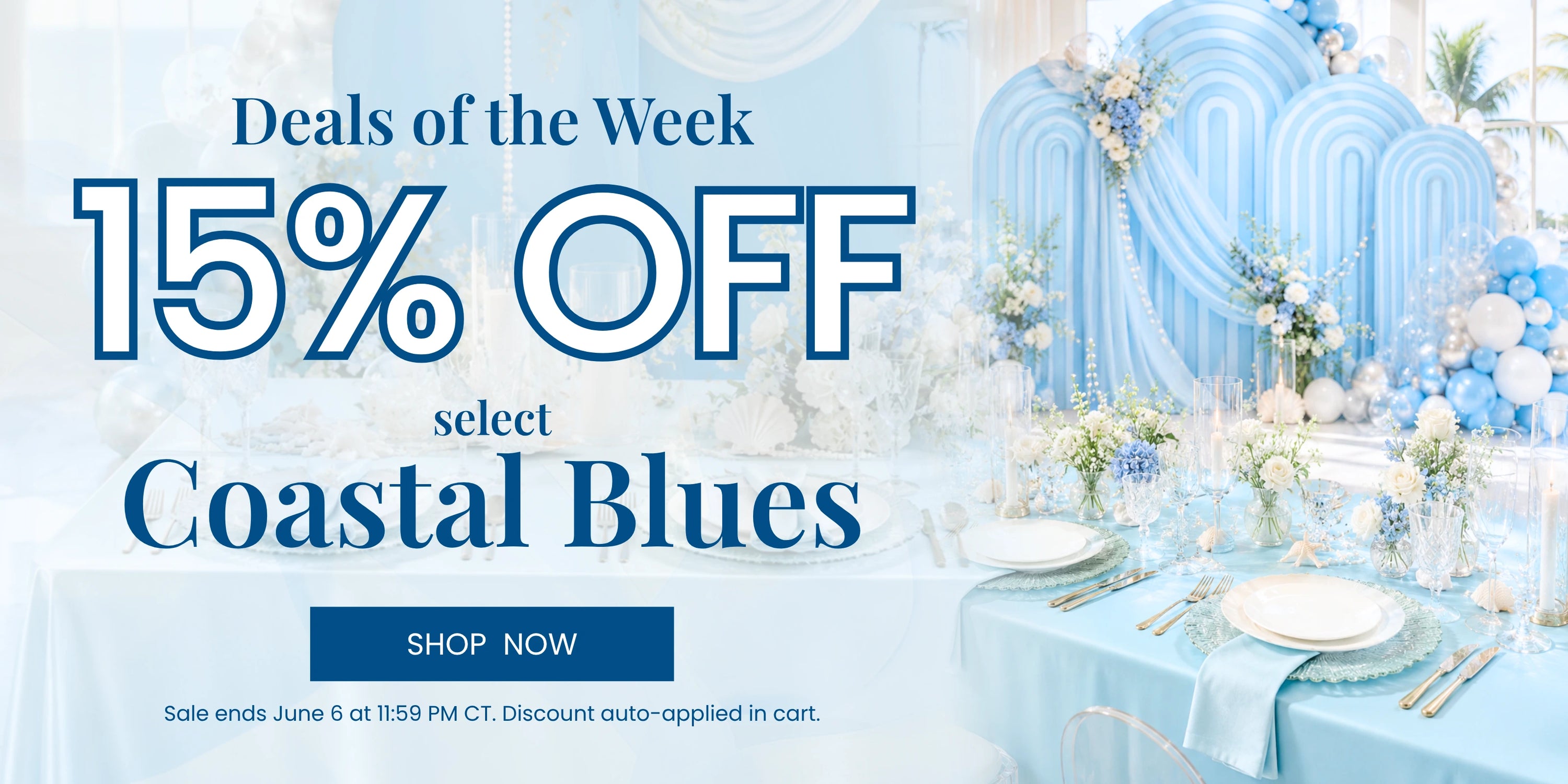 Deals of the Week banner in blue tones announcing 15% off Coastal Blues wedding decor with a Shop Now button.