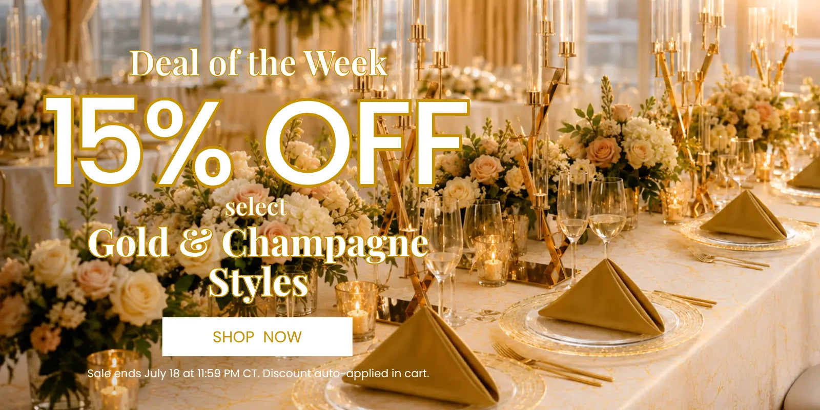 Gold-themed wedding table setting with roses, candles, and glassware; 15% off Gold & Champagne Styles