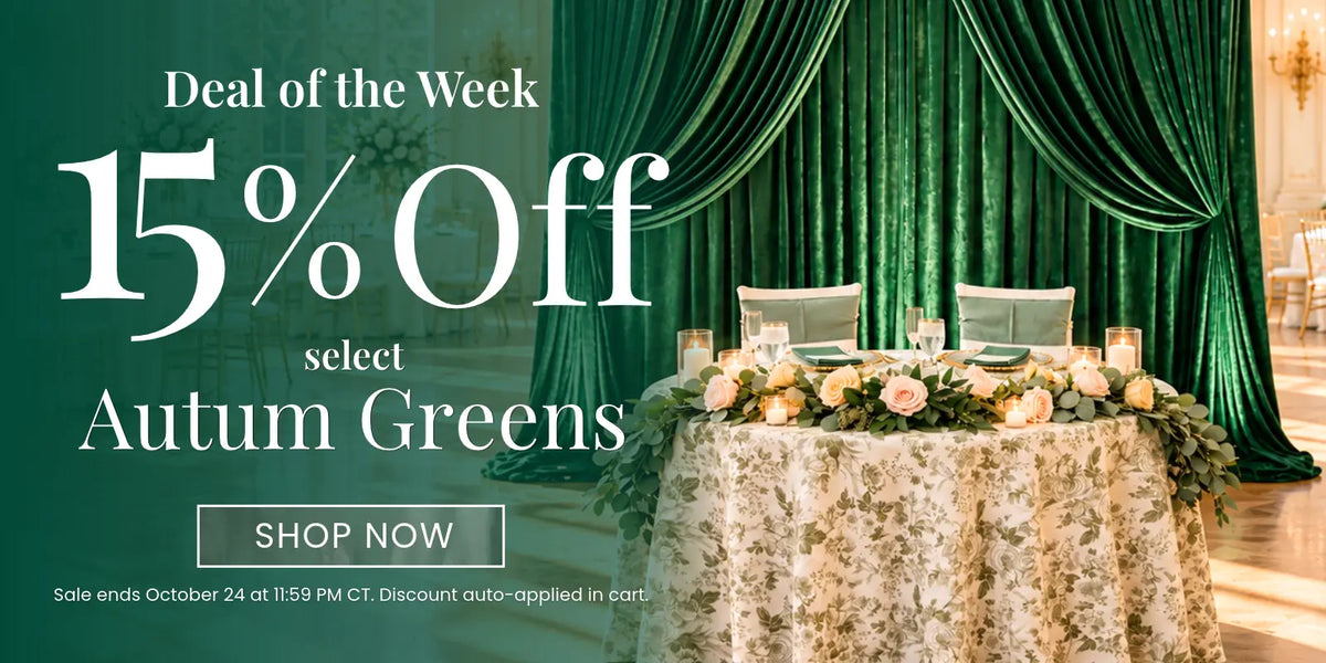 Deal of the Week banner: 15% off select Autumn Greens decor on green drapes with floral table centerpiece.