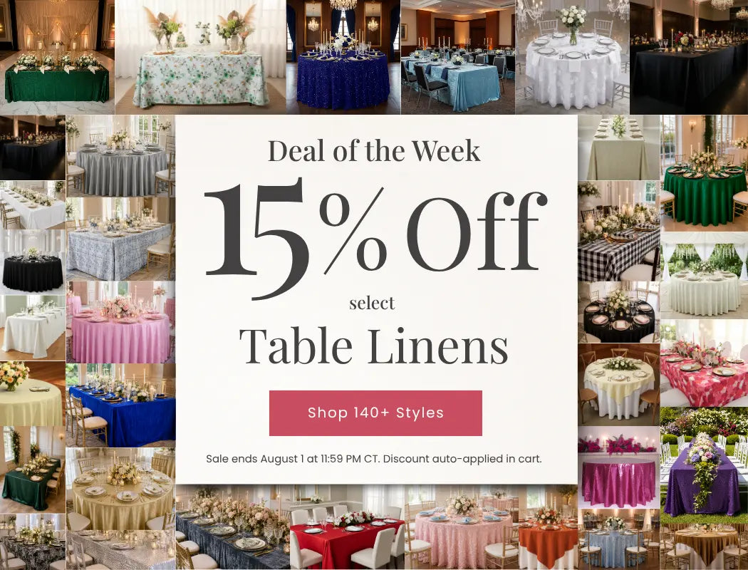 Collage of assorted table linens in green, blue, white, pink around a central promo for 15% off select Table Linens.