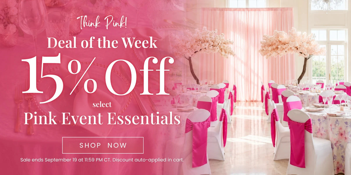 Pink event decor banner with wedding reception tables, pink chair sashes, and bold 15% Off text for Pink Event Essentials