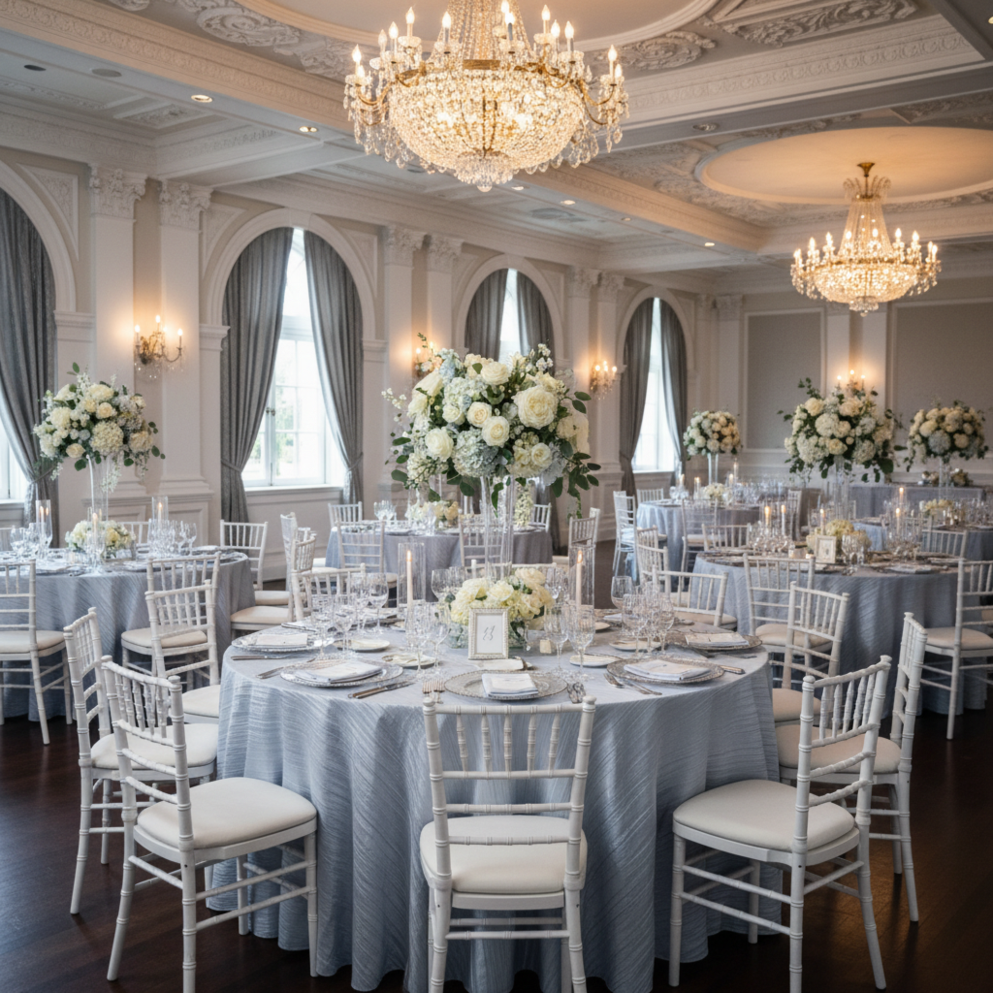 Dusty-Blue Accordion Crinkle Taffeta 120 Round Tablecloth Indoor Banquet Reception