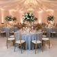 Dusty Blue 132 Round Accordion Crinkle Taffeta Tablecloth– Indoor Wedding Reception