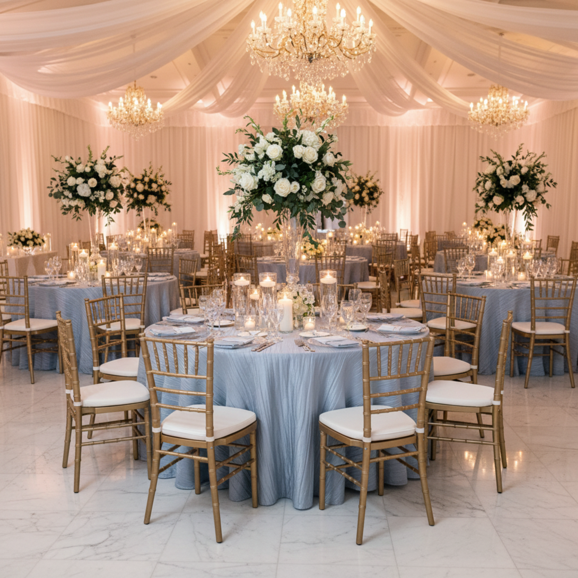 Dusty Blue 132 Round Accordion Crinkle Taffeta Tablecloth– Indoor Wedding Reception