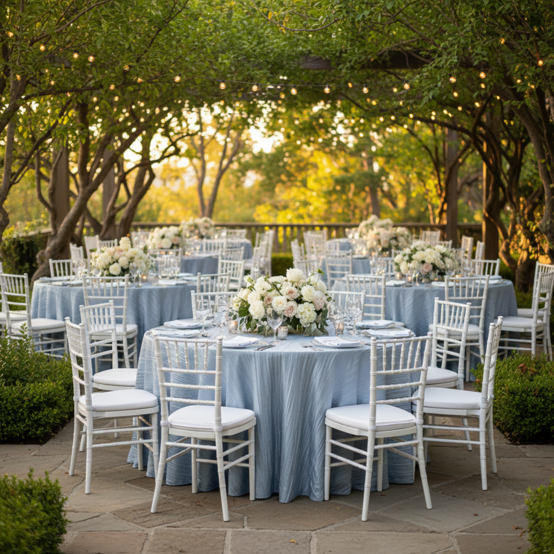 Dusty Blue 132 Round Accordion Crinkle Taffeta Tablecloth– Outdoor Wedding Reception