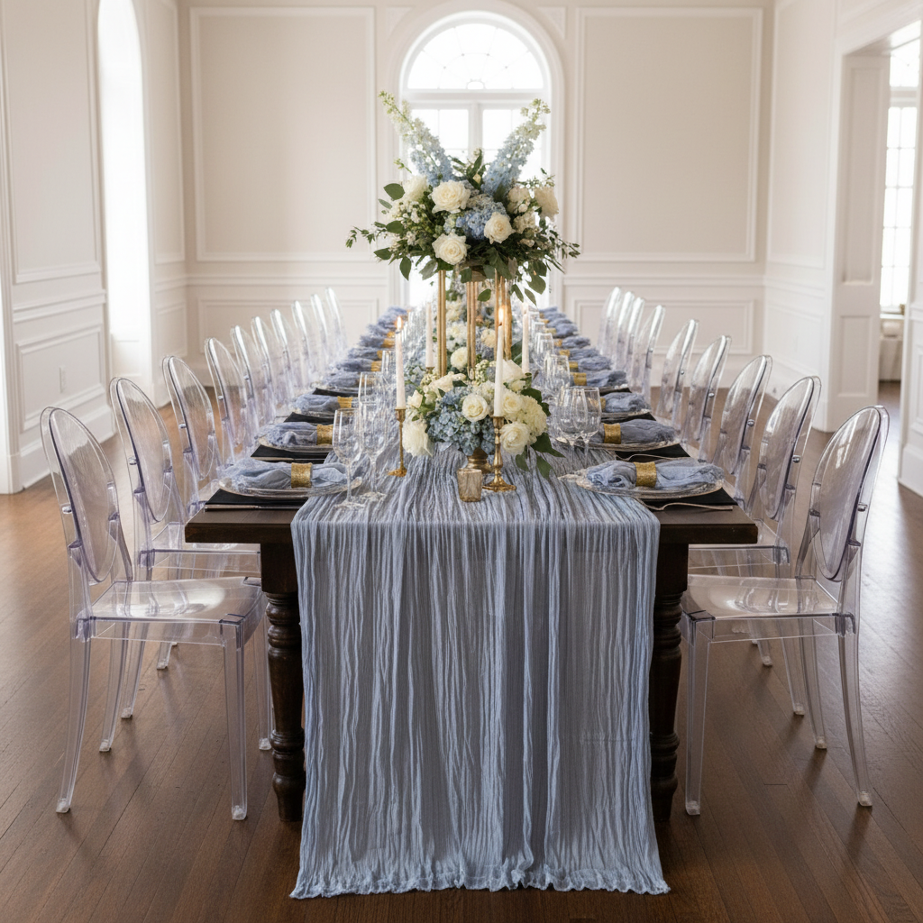 Dusty Blue Cheesecloth Napkin – Wide Reception Table