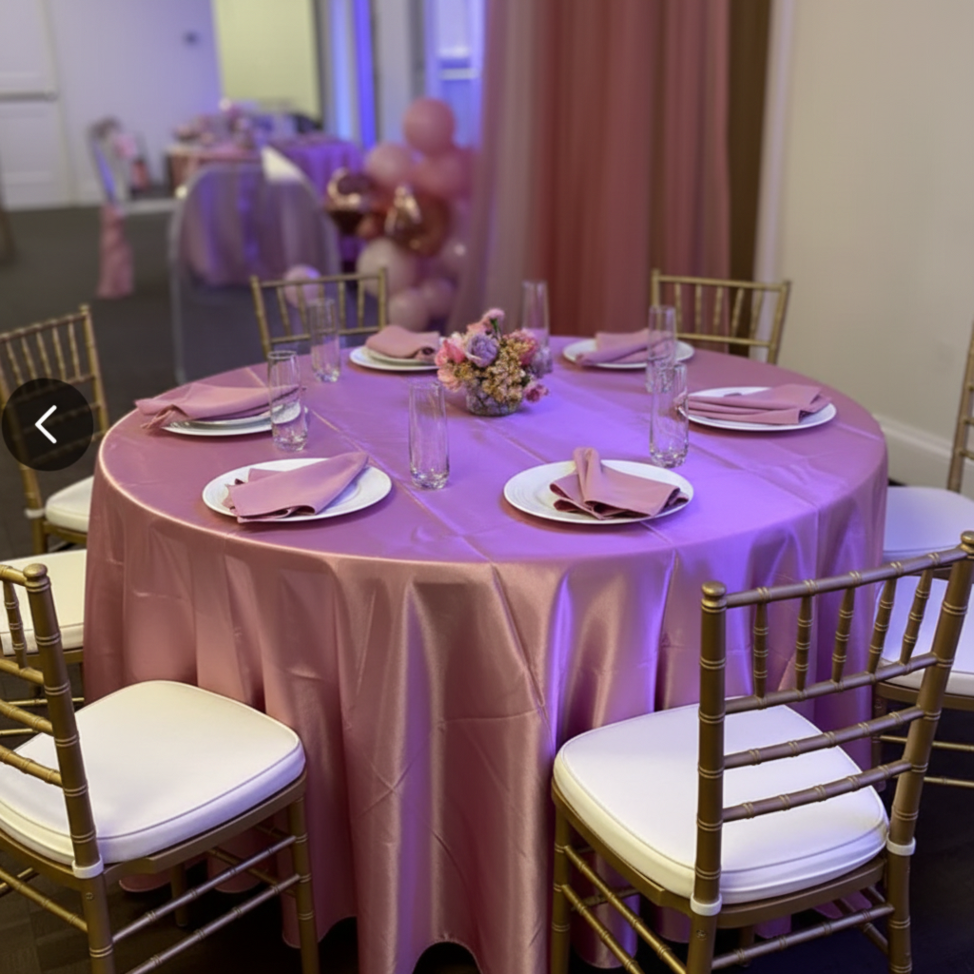 120 Round Satin Tablecloth Dusty Rose/Mauve Indoor Setting