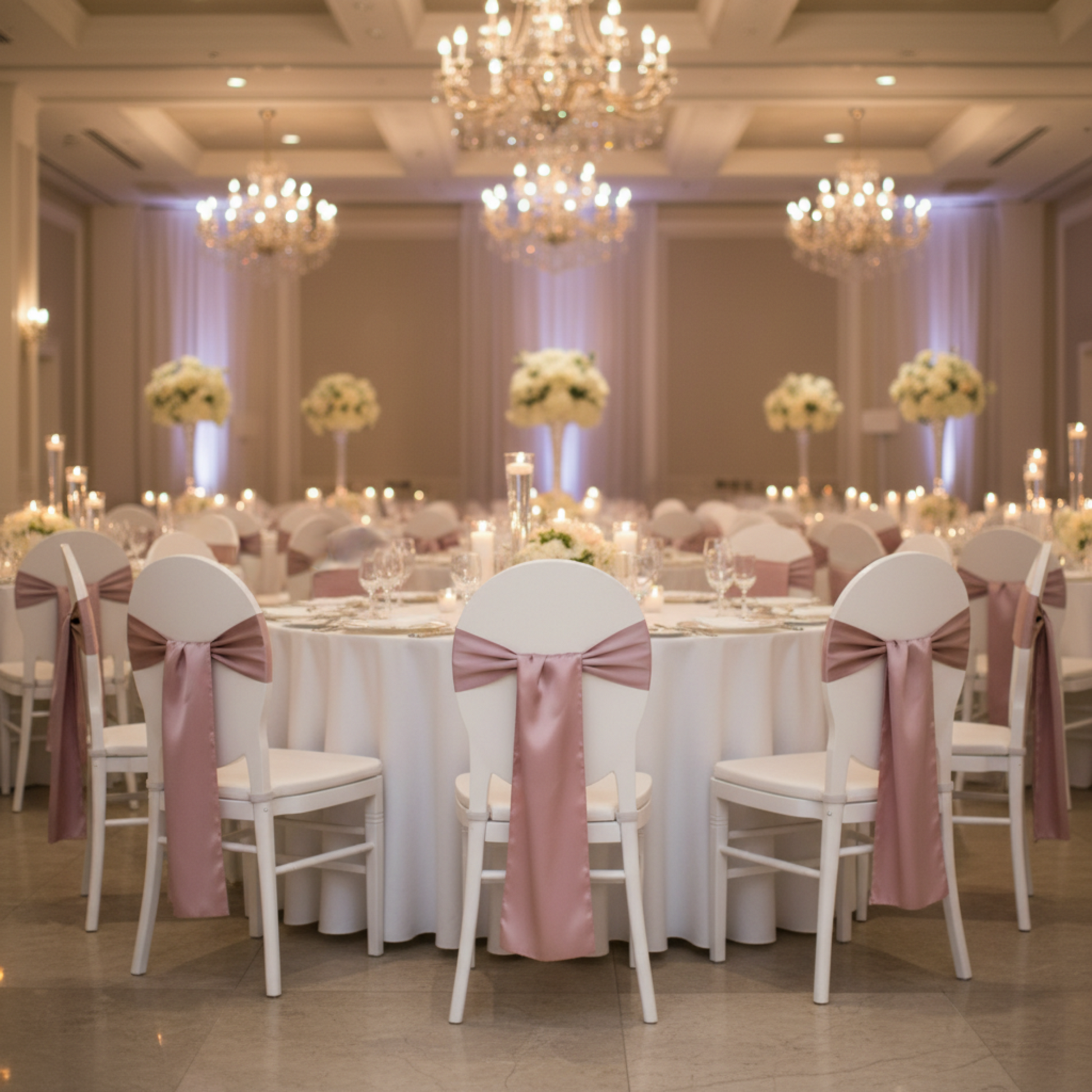 Dusty Rose/Mauve Satin Chair Sash - Indoor Wedding Lifestyle