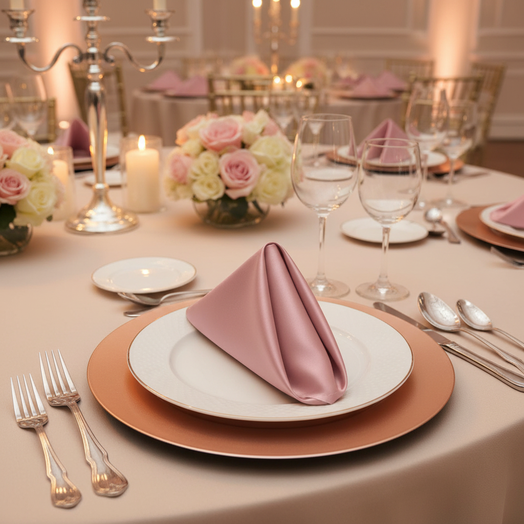 Satin Napkin 20"x20" - Dusty Rose/Mauve in Wedding Reception with Chiavari Gold Chairs.