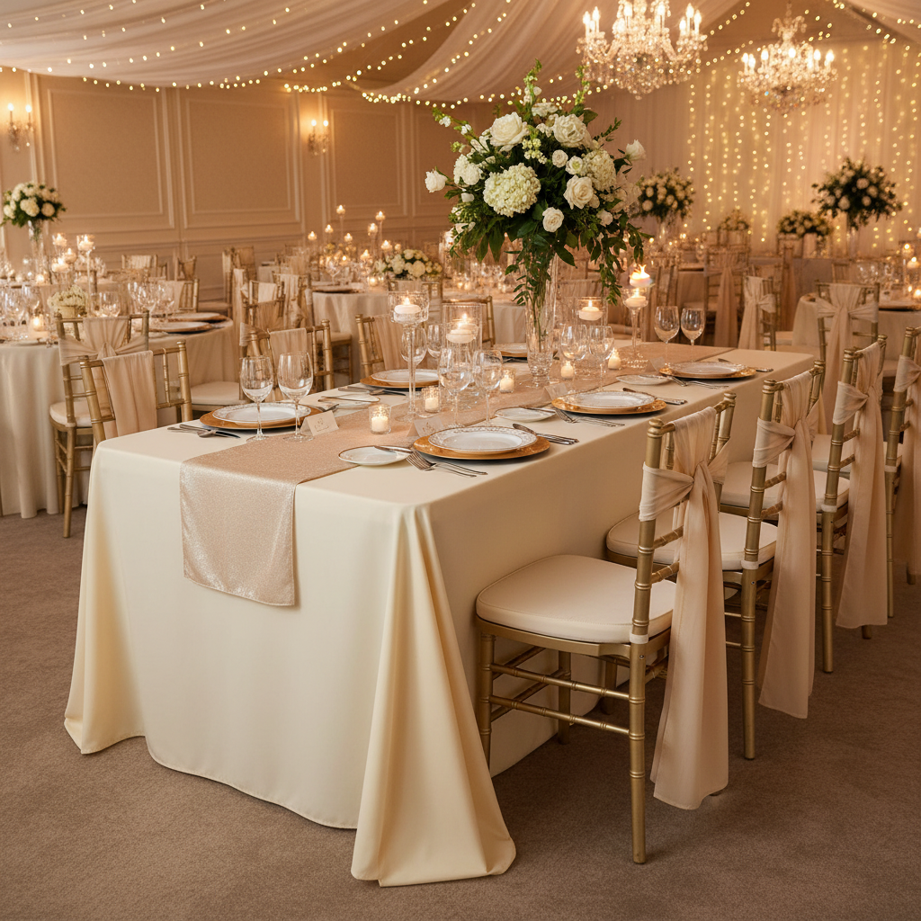 Economy Polyester Tablecloth 90"x132" Oblong Rectangular - Champagne with Oval Chairs.