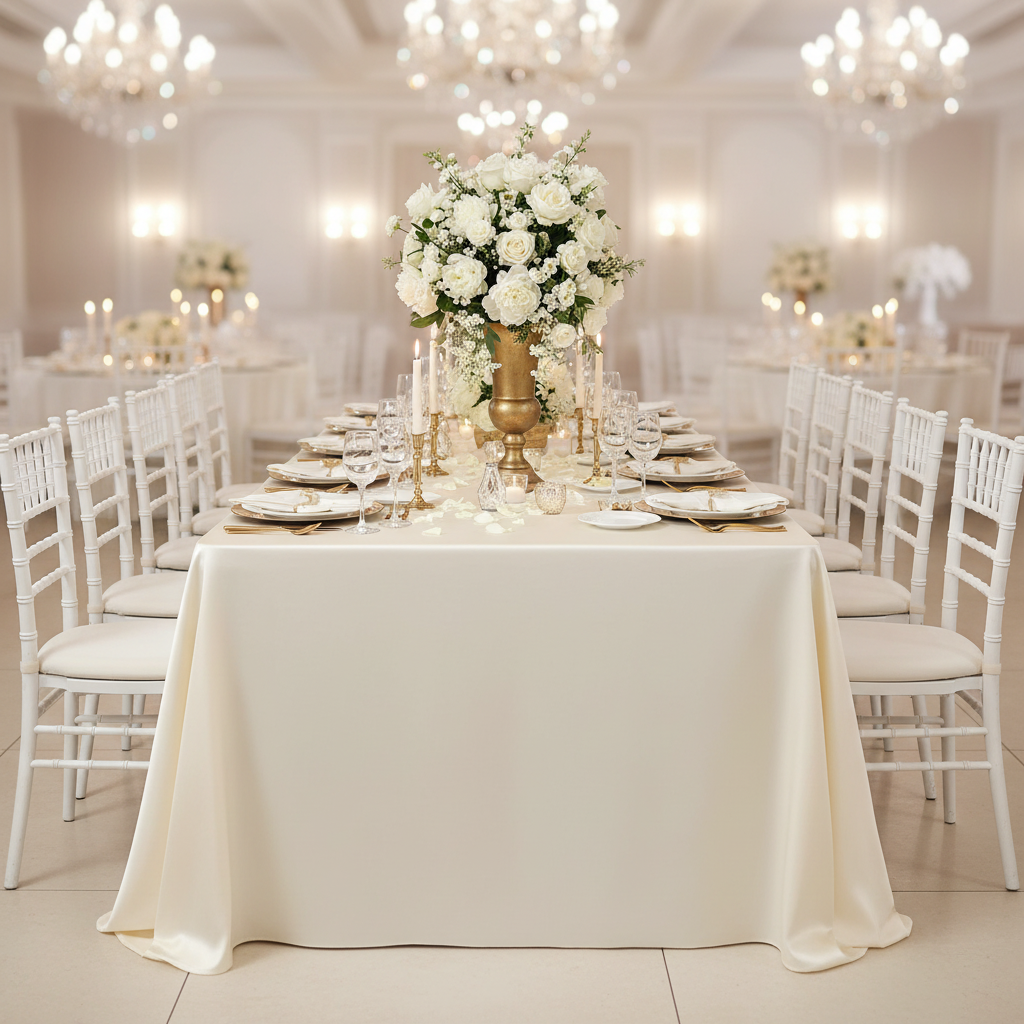 Economy Polyester Tablecloth 90"x156" Oblong Rectangular - Ivory with White Chiavari Chairs.