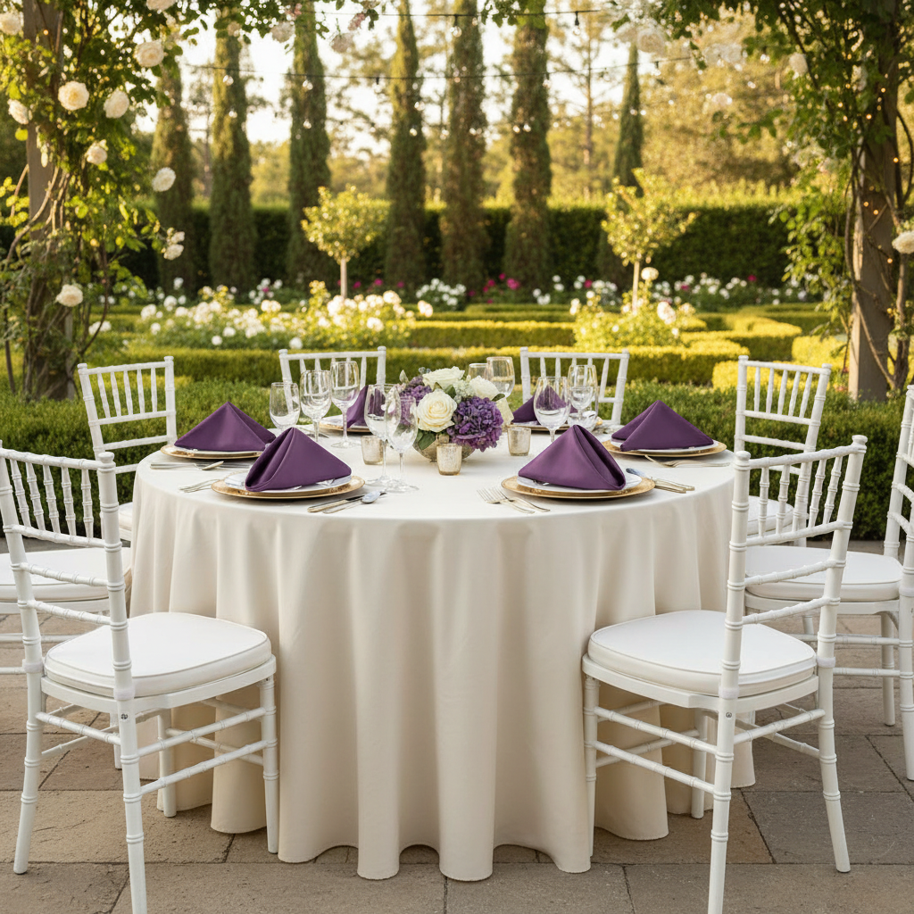 Satin Napkin 20"x20" - Eggplant/Plum in Outdoor Reception with White Chiavari Chairs.