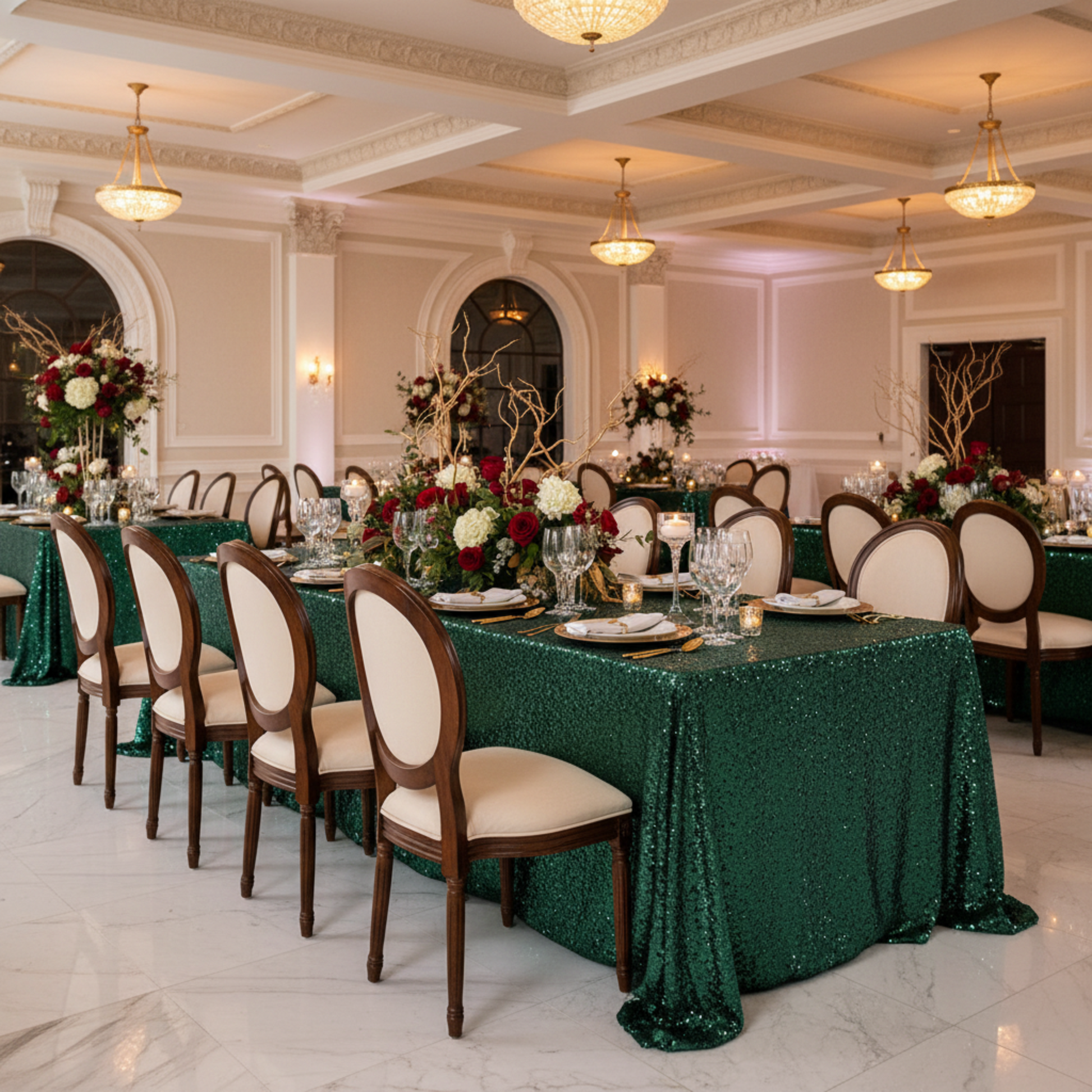 Elegant Gala Indoor Emerald Green Glitz Sequin 90" x 132" Rectangular Tablecloth 