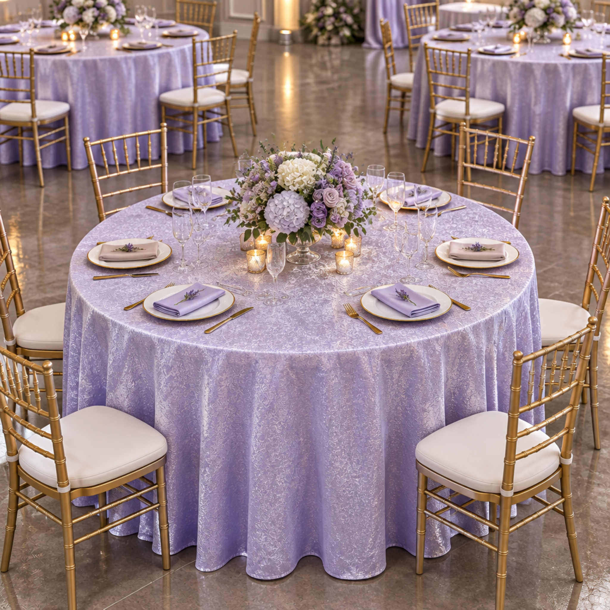 Elevated view of lavender tablecloth at an event