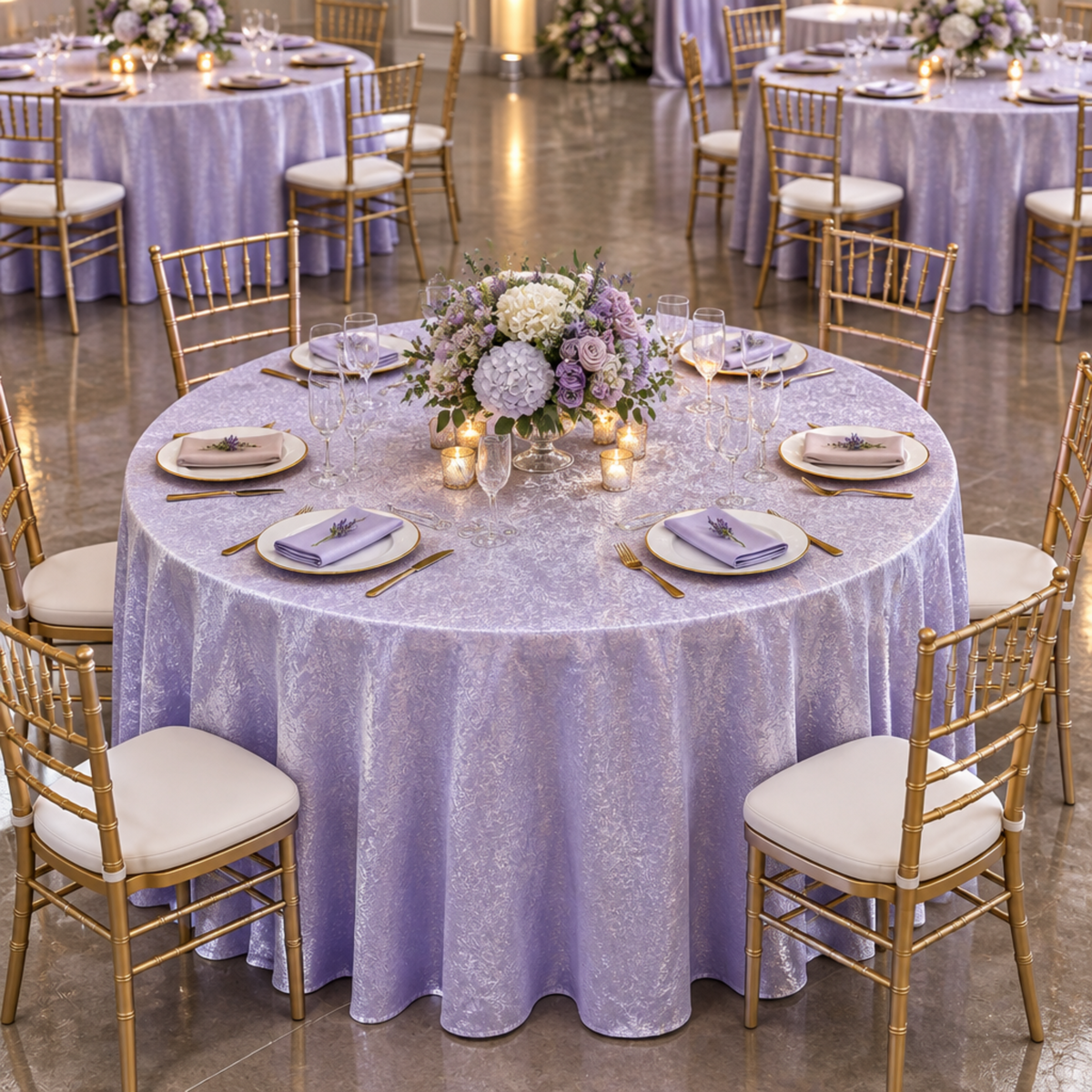 Elevated view of lavender tablecloth at an event