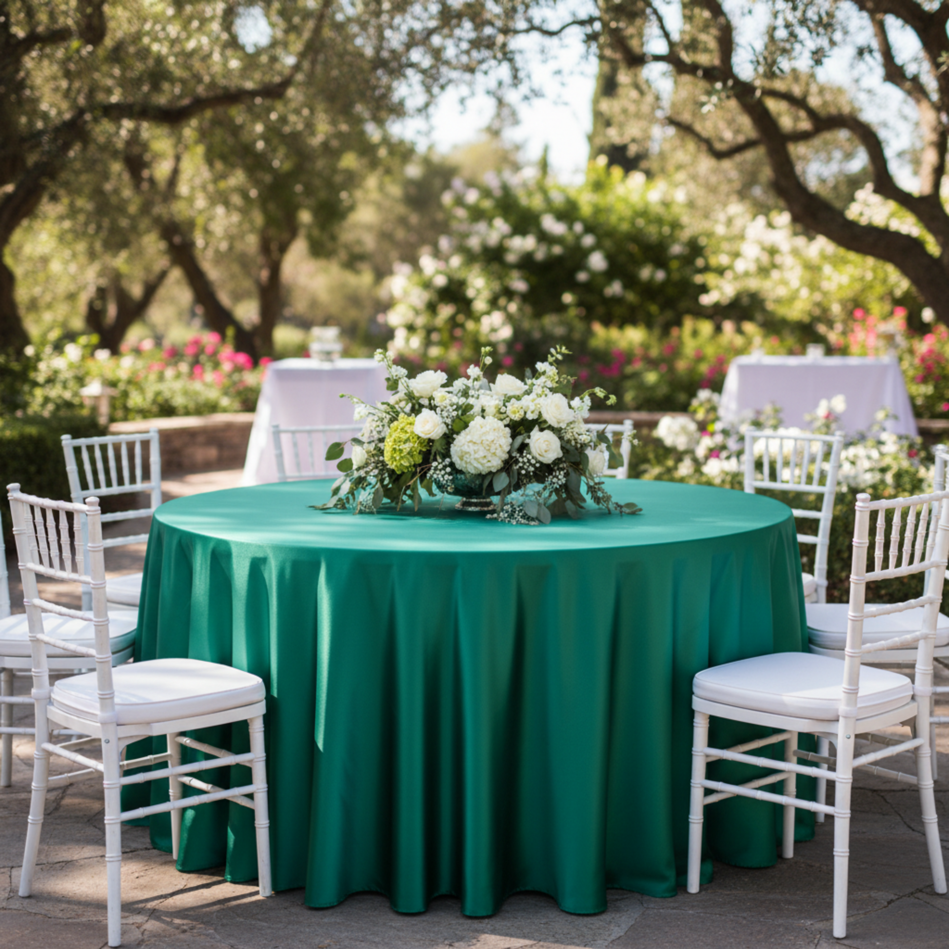 Emerald Green 132 Round Satin Tablecloth – Outdoor Wedding
