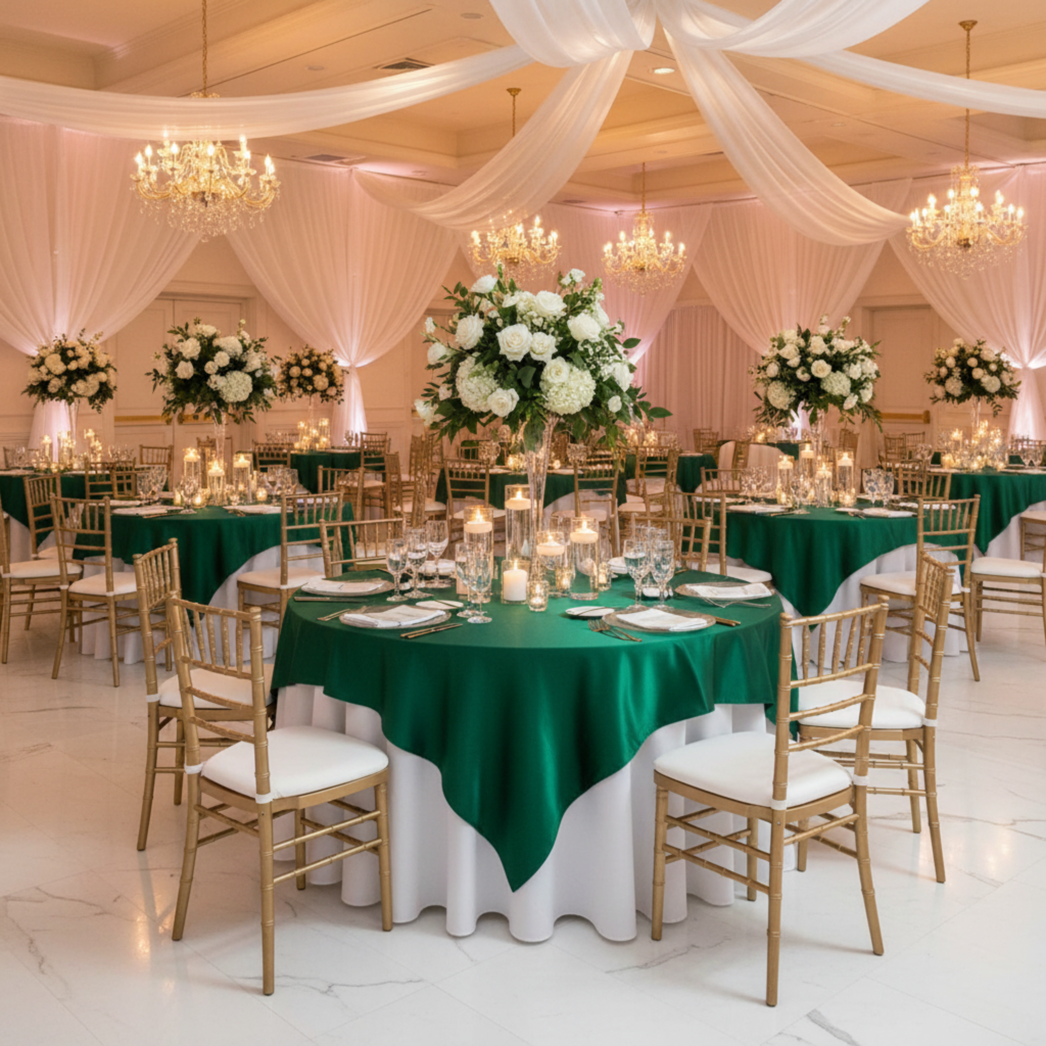 kaze to mori grow table（ネオンイエロー) Square 72 inch Satin Overlay Emerald Green at CV Linens