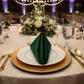 Velvet 20"x20" Linen Napkin - Emerald Green with Gold Chiavari Chairs.