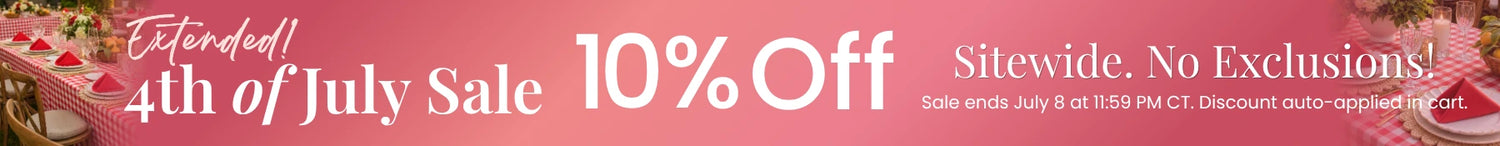 Pink gradient banner announcing 4th of July sale with 10% off sitewide (no exclusions)