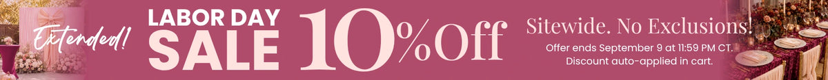 Labor Day sale banner featuring pink-purple tones with large 10% off text and decorative table settings.