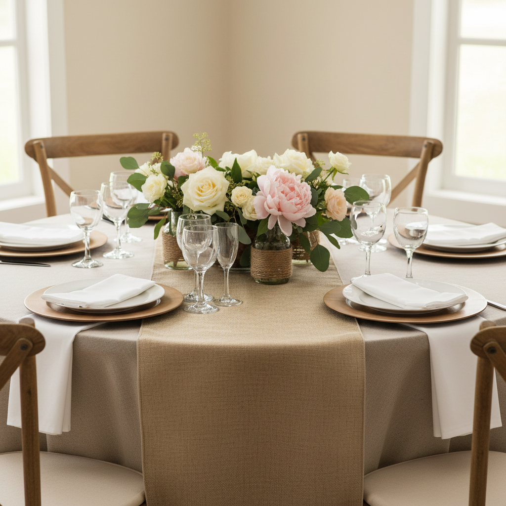 Faux Burlap Table Runner - Natural Tan.
