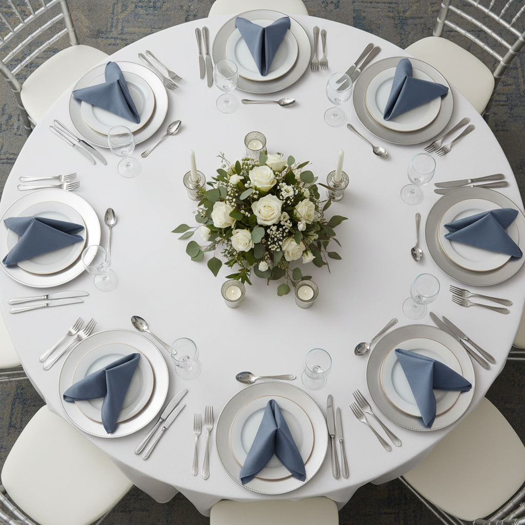 Faux Denim Napkin 20"x20" - Dark Blue with Silver Chiavari Chairs.