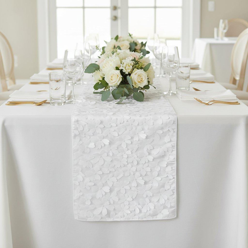 Flower Petal Taffeta Table Runner - White Mockup