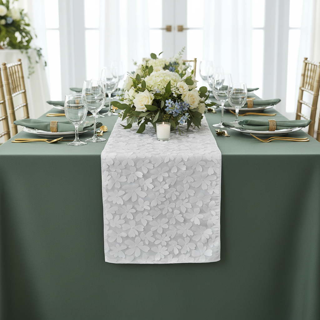 Flower Petal Taffeta Table Runner - White on Colored Tablecloth