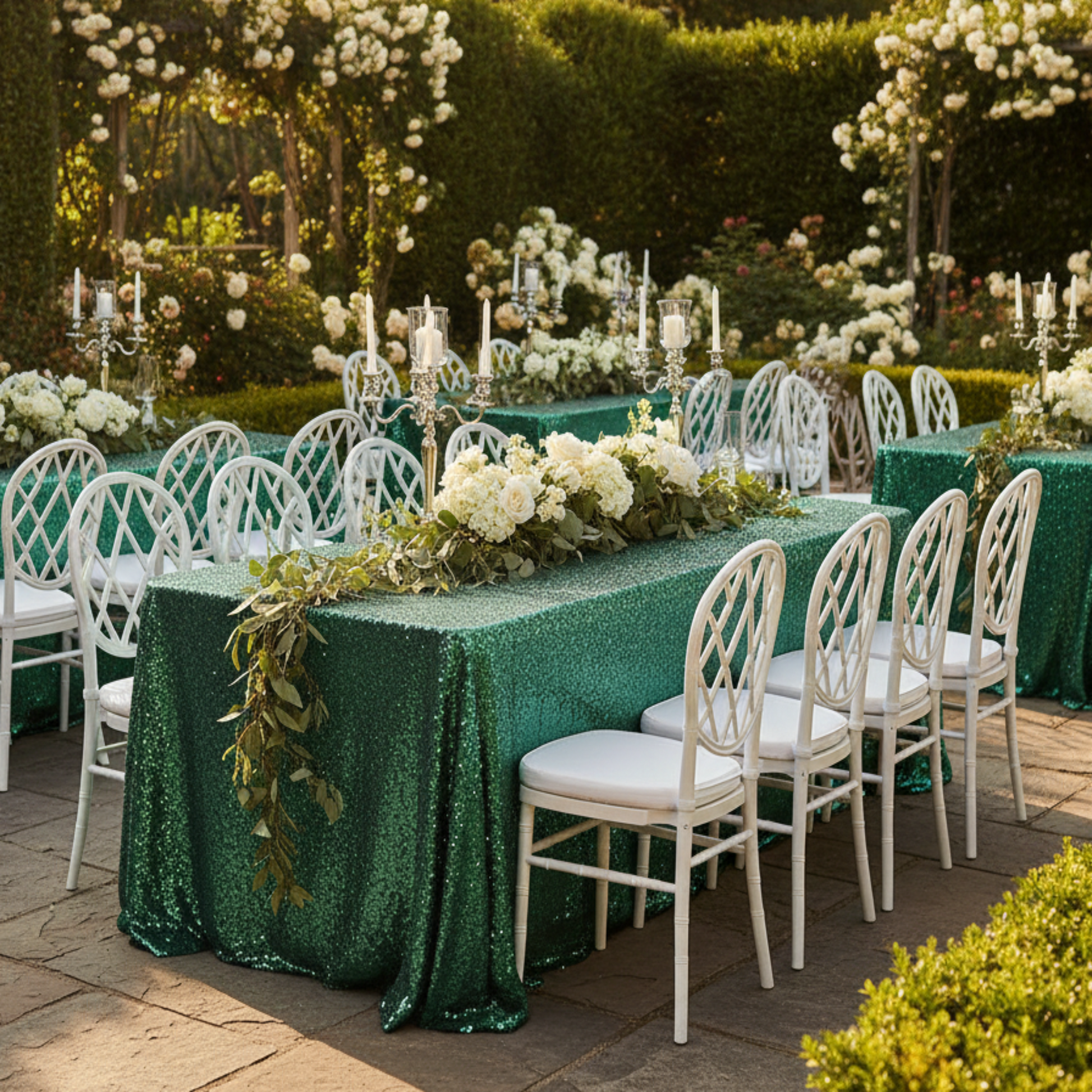Formal Outdoor Garden Event Emerald Green Glitz Sequin 90" x 132" Rectangular Tablecloth 