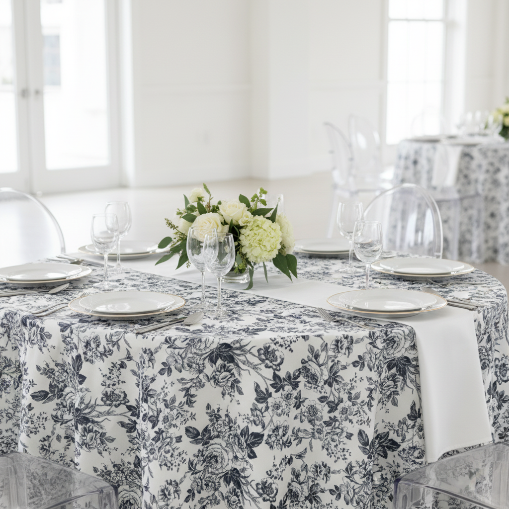 French Toile 132" Round Tablecloth - Black.