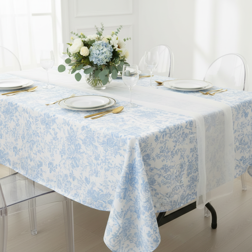 French Toile 60"x120" Rectangular Tablecloth - Baby Blue.