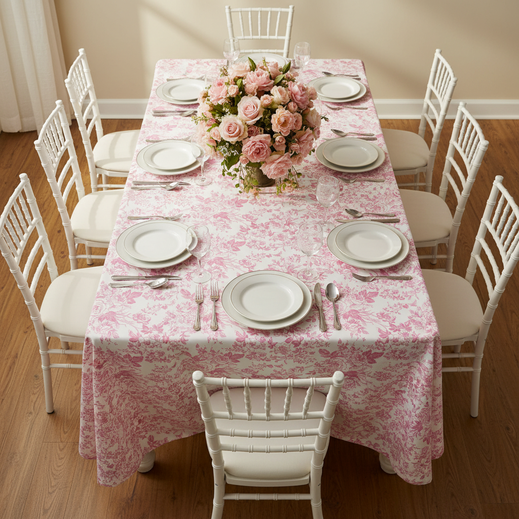 French Toile 90"x132" Rectangular Tablecloth - Pink.