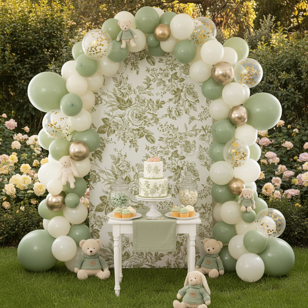French Toile Large Trio Arch Olive Green - Baby Shower Garden 